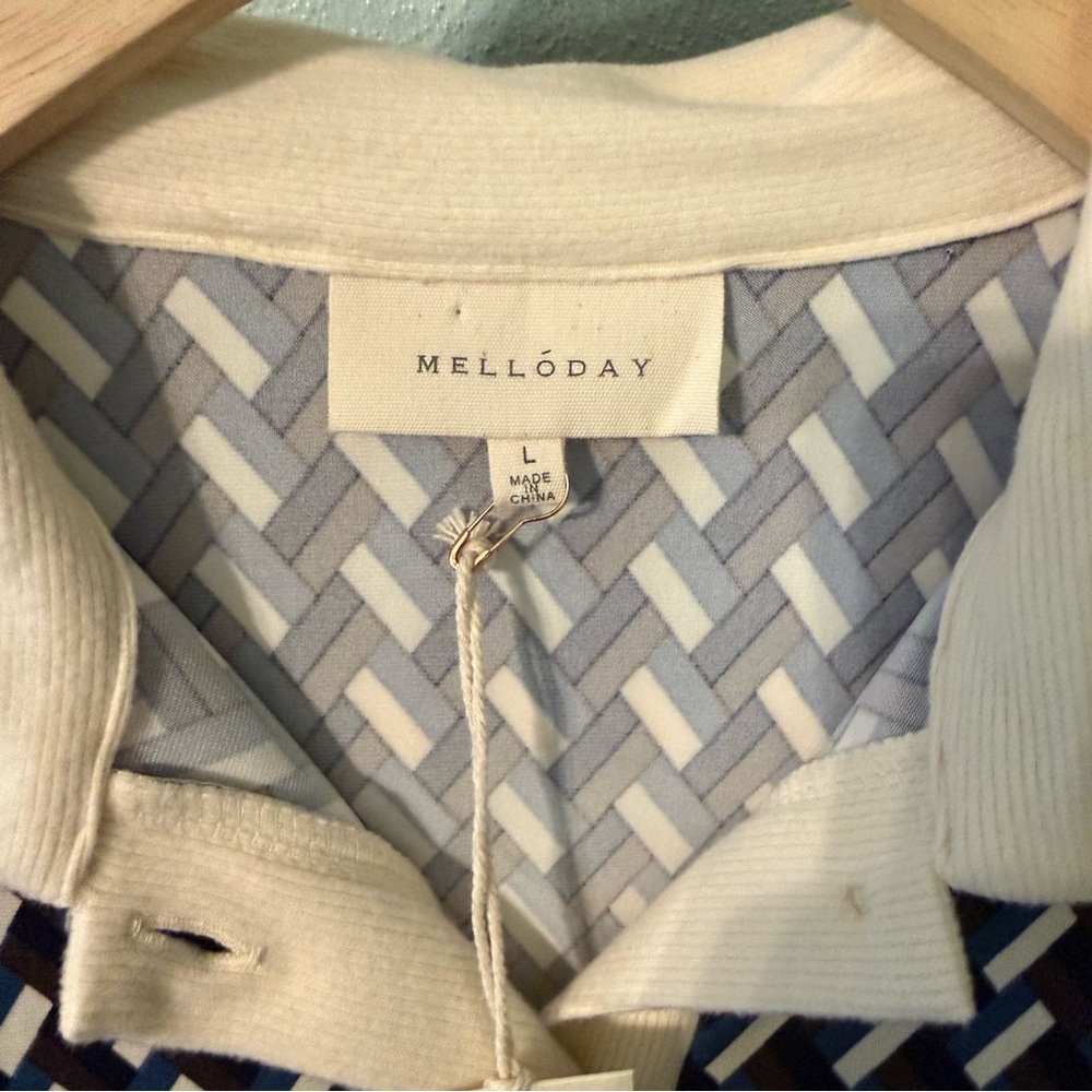 NWT Melloday Navy Cream Geometric Button Up Collared Long Sleeve Size L - Picture 3 of 10